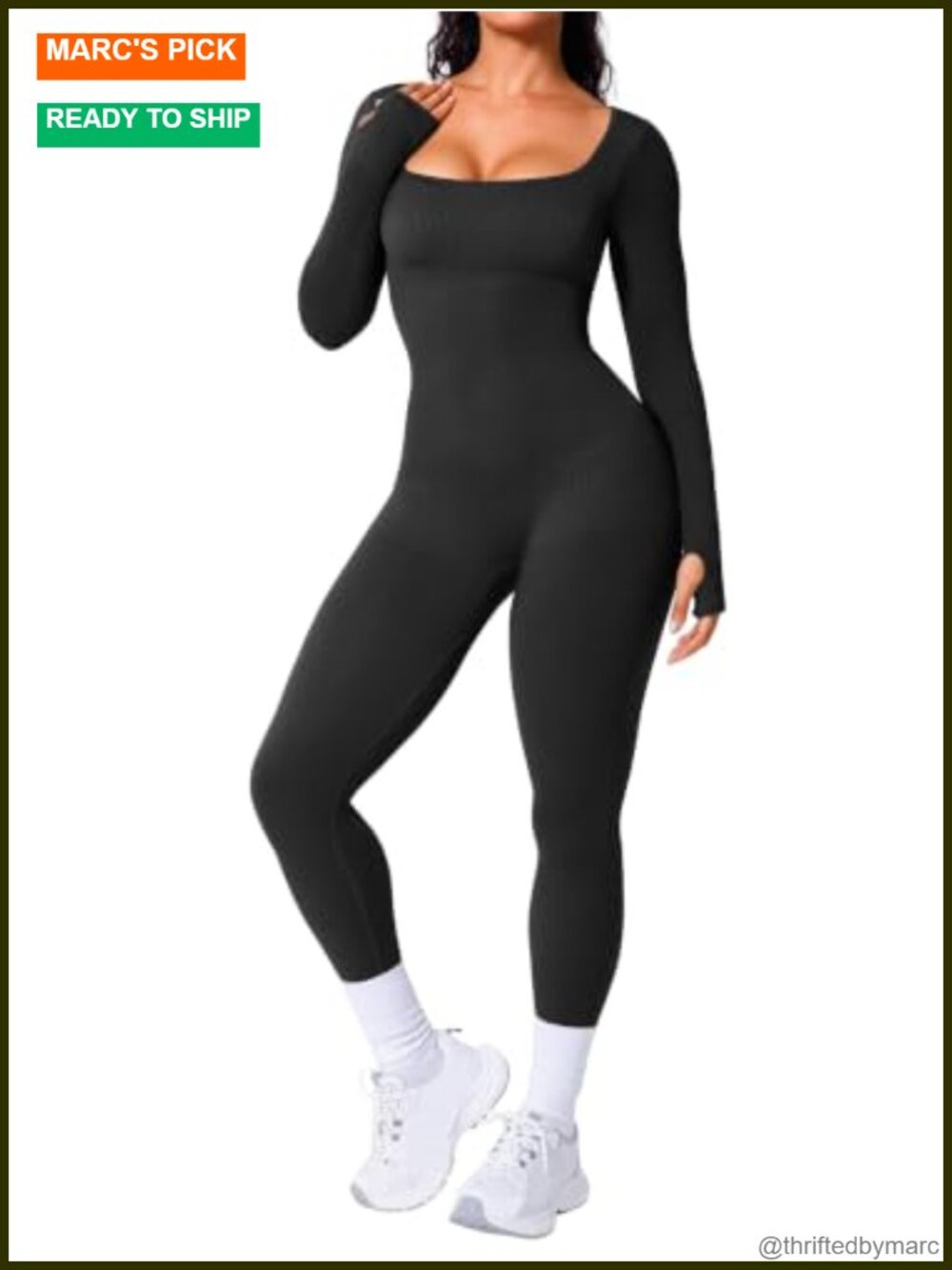 Long Sleeve Workout Jumpsuit Ribbed Seamless Yoga Bodysuit Thumbholes